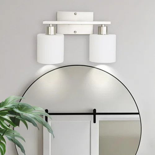 Vista 8 de SILAMPDI Accesorios de iluminación de baño sobre espejo de níquel cepillado, modernas lámparas de tocador de 2 luces, apliques de pared