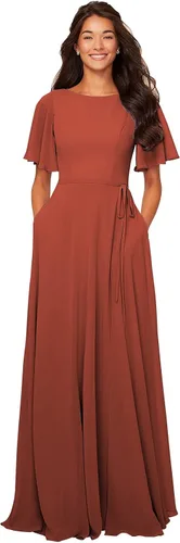 Vista 5 de GOEBAODEEN Chiffon Bridesmaid Dresses A Line Bateau Neck Flutter Sleeve Long Formal Evening Prom Gown with Pockets