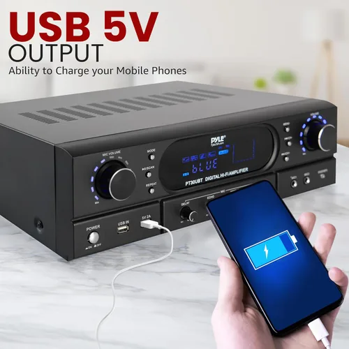 Vista 8 de Pyle Amplificador receptor de cine en casa Bluetooth – Amplificador de potencia máxima de 180 W con agudos, graves, control de eco, MP3/USB/FM