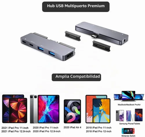 Vista 7 de Adaptador de concentrador USB C para iPad Pro con HDMI 4K, conector de 0.138 in, 2 USB 3.0, PD 60W, datos USB C, ranura para tarjeta SD/TF