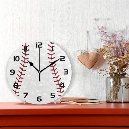 Vista 3 de Reloj de pared con estampado de béisbol deportivo, silencioso, sin tictac, reloj de pared redondo de béisbol de 9.5 pulgadas, funciona