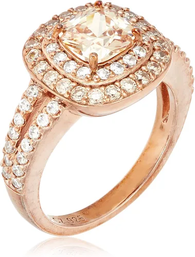 Vista 2 de Tienda Collection Rose Gold Plated Sterling Silver Cushion Cut Champaign Cubic Zirconia 6mm Double Halo Ring