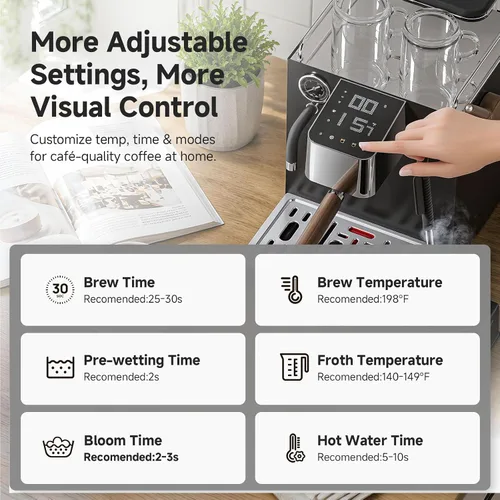 Vista 12 de AMZCHEF 9 Bar OPV Espresso Machine with Automatic Milk Frother, Dual Boiler Premium Black