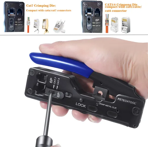 Vista 5 de Herramienta de crimpado RJ45 Herramienta de crimpado Ethernet Cortador de alambre Crimper para Cat7 Cat6a Cat6 Cat5e Pasa a través de conectores