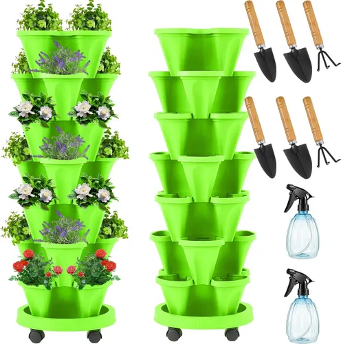 Vista 9 de Umigy Juego de 2 macetas verticales de 7 niveles, apilables, macetas de fresa, hierbas y verduras, macetas de jardinería para interiores
