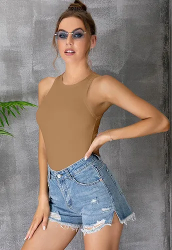 Vista 3 de MANGDIUP Body básico sin mangas con cuello redondo para mujer, ajuste delgado, de algodón elástico, camiseta sin mangas con cuello halter