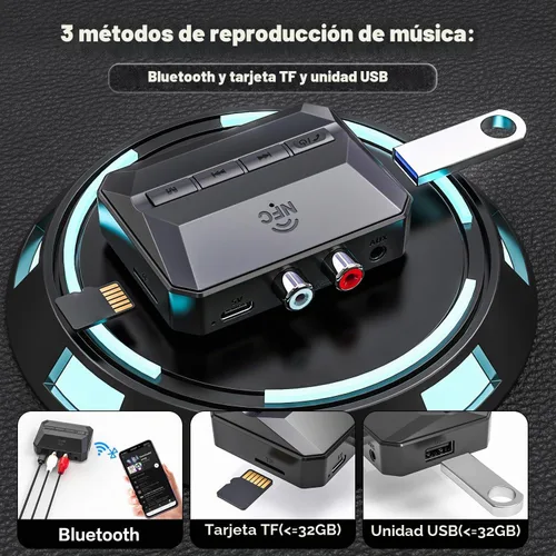 Vista 4 de Receptor Bluetooth, adaptador de audio inalámbrico con Bluetooth 5.3 NFC-Enabled RCA/3.5mm AUX USB Drive/TF Card Outputs, Volume/Track Control for