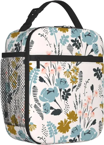 Vista 5 de FREEHOTU Bolsa de almuerzo con patrón floral, doble aislamiento, a prueba de fugas, bolsa de mano, organizador de almuerzo para trabajo, picnic