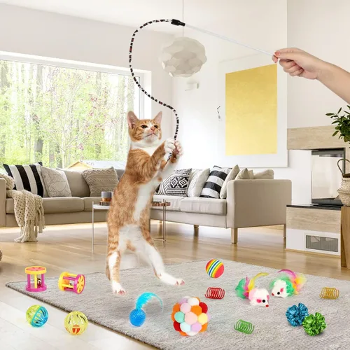 Vista 5 de 37 piezas de juguetes interactivos para gatitos de interior – Conjunto variado con túnel plegable tipo carpa, varita con plumas, cascabel, pelota