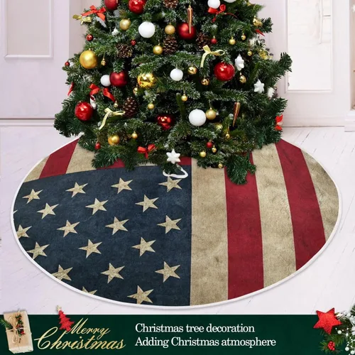 Vista 6 de Qilmy Falda de árbol de Navidad con bandera estadounidense, falda de árbol de doble capa para artesanía de Navidad para fiestas de vacaciones