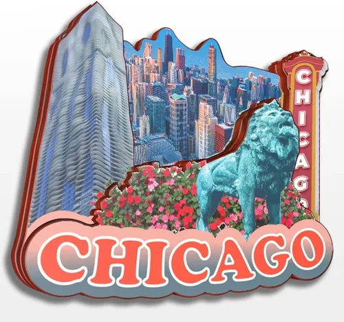 Vista 13 de Imán de madera para nevera de Chicago, Illinois, Estados Unidos, América, colección de madera, 3D, hecho a mano, recuerdos de la ciudad