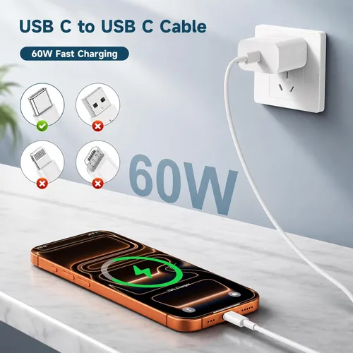 Vista 2 de Cable USB C a USB C, cable tipo C de 60 W, paquete de 3 unidades de 3 pies Blanco