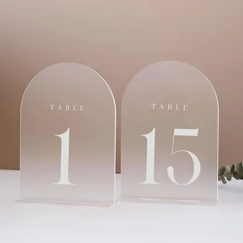 Vista 21 de Números de mesa de arco esmerilado para recepción de boda, paquete de 10 piezas de 5x7" Signos acrílicos de arco esmerilado con soporte, números