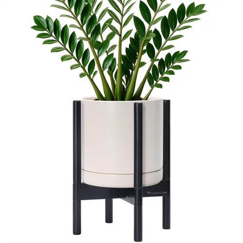 Vista 34 de D'vine Dev Maceta de cerámica con soporte de ébano – Maceta redonda moderna de 8 pulgadas con soporte para maceta de madera, color negro, 55-B-M-2