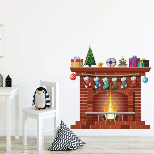 Vista 2 de Adhesivos de pared para chimenea de Navidad, calcomanías de pared para chimenea de Navidad, calcomanías de pared autoadhesivas de PVC para ventana