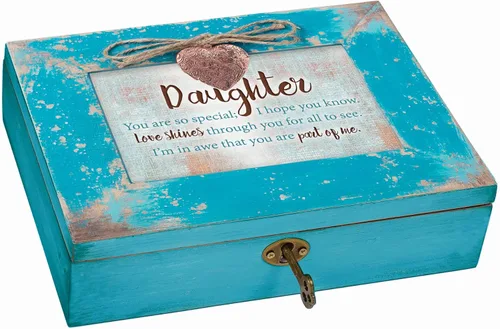 Vista 4 de Cottage Garden Daughter So Special Love Shines Teal Distressed Jewelry - Caja de música con texto en inglés "Plays You Light Up My Life