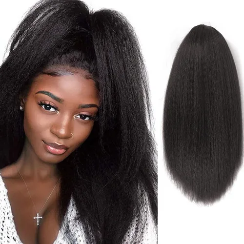 Vista 14 de Cola de caballo recta Yaki de 12 pulgadas con cordón para mujeres negras, sintética, gruesa, recta, longitud del hombro, extensión de cola