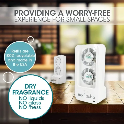 Vista 6 de Ambientador enchufable myfreshe de Fresh Products, libre de preocupaciones, sin calor, sin vidrio, fragancia seca, recambios para espacios pequeños