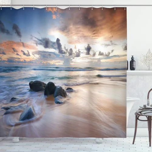 Vista 105 de Ambesonne Cortina de ducha de gaviotas, cielo nublado y gaviota voladora, imagen de meteorología de paisaje nublado, juego de decoración de baño