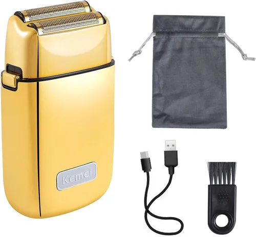 Vista 7 de KEMEI Maquinillas de afeitar eléctricas para hombres, maquinilla de afeitar eléctrica profesional de metal, afeitadoras de litio y titanio, Dorado