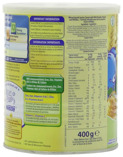 Vista 3 de Nestle Cerelac, miel y trigo con leche (de 12 meses), latas de 14.11 onzas (paquete de 4)