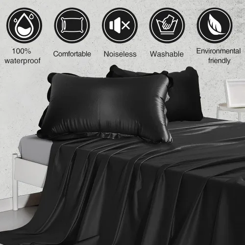 Vista 3 de Sábanas de cama impermeables de vinilo negro, sábana de masaje impermeable King con almohada inflable, sábana de juegos de 82.7 x 82.7 pulgadas