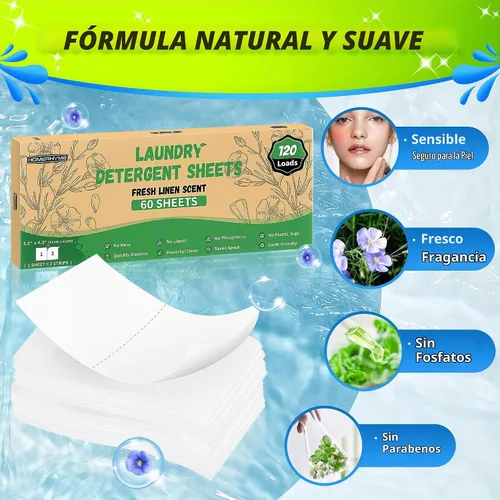 Vista 3 de Sábanas de detergente para ropa – Fresh Linen 120 Cargas de detergente para ropa sucia a granel, detergente de viaje a granel, ecológicas e