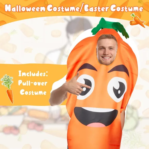 Vista 3 de Jecery Disfraz de zanahoria para adultos de Halloween, 2 piezas, para hombres y mujeres, divertido disfraz de frutas y verduras, verde, naranja