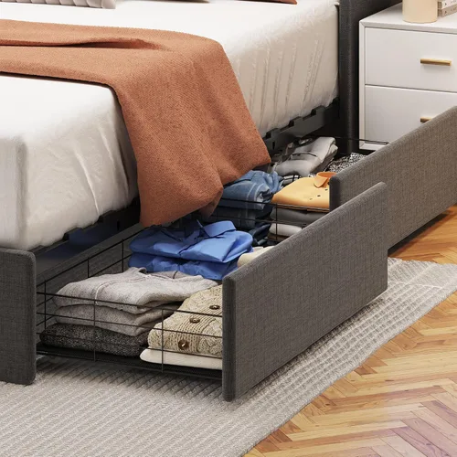 Vista 6 de HAUSHECK Base de cama Queen con cabecera de almacenamiento, 4 cajones y luces LED, cama de plataforma tapizada con cabecera de alas, marco de cama