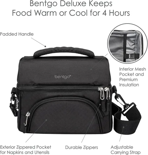 Vista 4 de Bentgo® Bolsa de almuerzo Deluxe - Lonchera duradera y aislada con bolsillo exterior con cremallera, bolsillo interior de malla, correas acolchadas