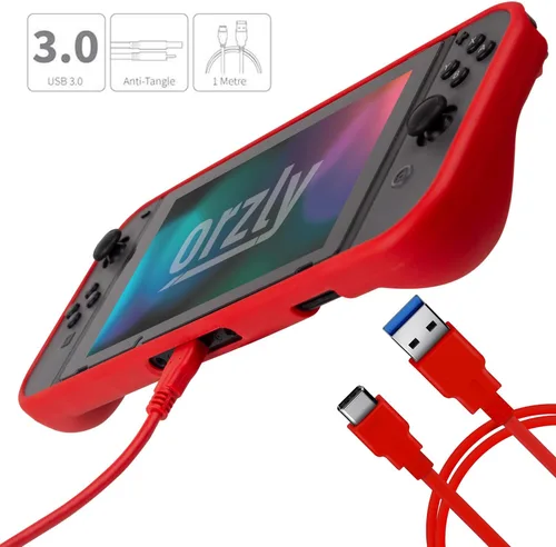 Vista 7 de Orzly Switch Accessories Bundle Carry Case for Nintendo Switch Console (NOT OLED MODEL) Tempered Glass Screen Protectors, USB Charging Cable