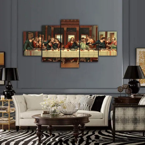 Vista 5 de Da Vinci - Póster clásico de pintura al óleo, 5 piezas, pintura de pared de la última cena, lienzo con impresión renacentista, decoración moderna