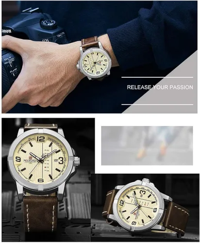 Vista 9 de NAVIFORCE Date Quartz Men Casual Militar Sports Japón Movimiento de cuarzo Relojes de pulsera de cuero genuino plata