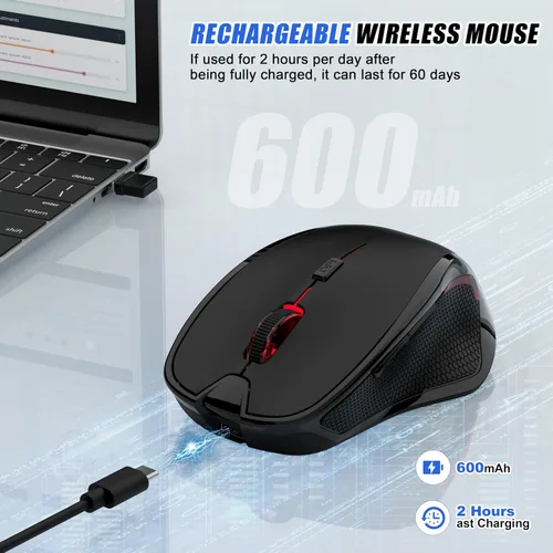 Vista 5 de Mouse inalámbrico Bluetooth para Mac Pro MacBook Air, mouse recargable con mouse Jiggler, interruptor de 3 modos Bluetooth 5.2/3.0 y receptor Negro