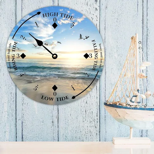 Vista 3 de Reloj de marea de madera, playa, pájaros, costa este, océano, reloj de marea de madera con marea alta y baja, reloj vintage de movimiento de marea