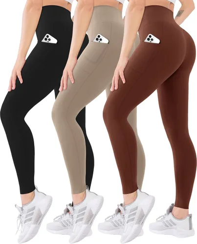 Vista 22 de Blisset - Paquete de 3 leggings de cintura alta para mujer con bolsillos, pantalones suaves y activos para control de abdomen, ideales para yoga