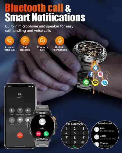 Vista 7 de Relojes inteligentes militares para hombres con llamada Bluetooth, reloj inteligente impermeable AMOLED de 1.43" con linterna, 111 modos deportivos