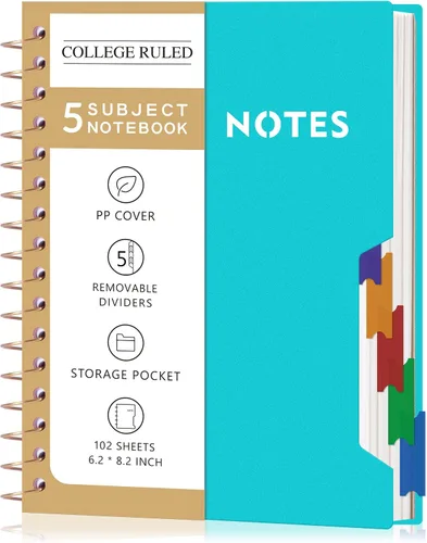 Vista 15 de CAGIE Cuadernos de espiral para trabajo escolar con pestañas divisorias extraíbles, cuaderno de 5 materias de 8.5 x 11 pulgadas, a rayas