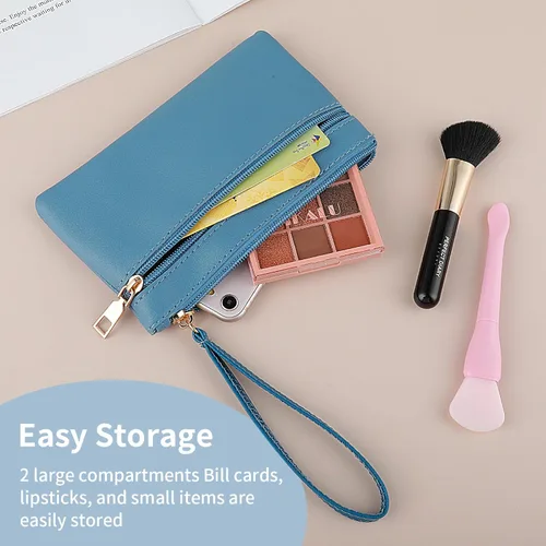 Vista 4 de TIESOME Bolso de mano para mujer, de cuero con doble cremallera, cartera de mano para teléfono, gran capacidad