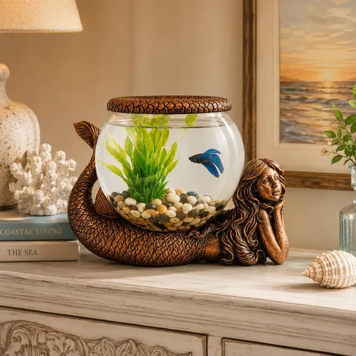 Vista 2 de Jarrón Decorativo de Sirena Mística – Acuario de Vidrio de 1 Galón, Terrario o Portavelas Figura de Sirena Antigua Dorada con Jarrón, Anillo