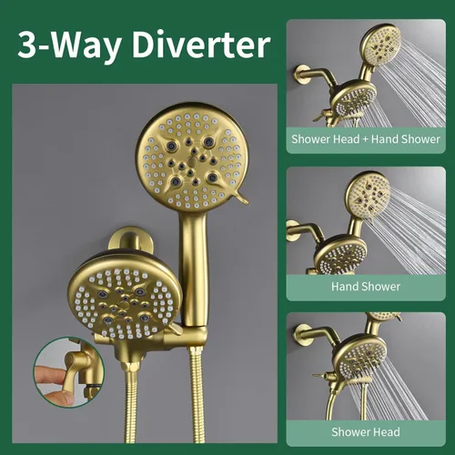 Vista 3 de Juego de grifo de ducha de 3 manijas, sistema de ducha con boquilla de bañera, juego de grifo de bañera, juego combinado de cabezal de ducha, Oro