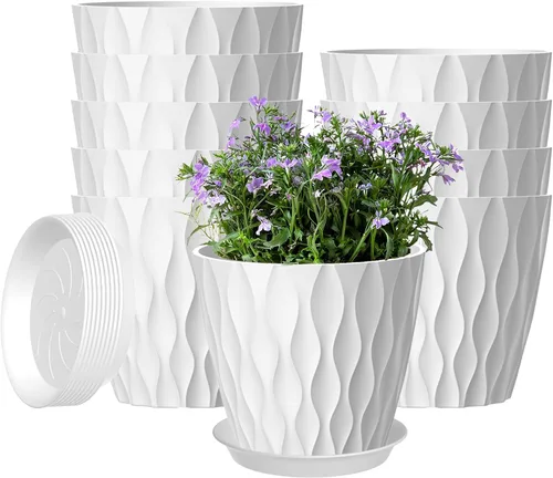 Vista 9 de Paquete de 6 macetas de 7 pulgadas con drenaje y platillos, macetas de plástico multicolor para plantas de interior y exterior, macetas apilables