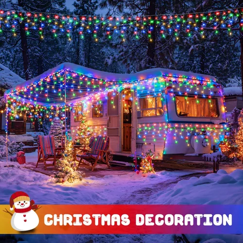 Vista 7 de JMEXSUSS 400 luces LED de Navidad de carámbano de 38.8 pies con control remoto, tira de luces multicolor para exteriores enchufables, 8 modos