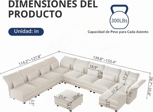 Vista 2 de LLappuil Sofá modular de 10 plazas con almacenamiento, sofás modulares grandes en forma de U para sala de estar con respaldos de brazos ajustables