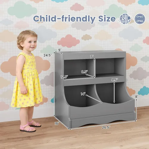 Vista 6 de Costzon Organizador de almacenamiento de juguetes, estantería para niños de 4 compartimentos con estribo y tarjeta de nombre, estantería de madera