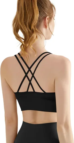 Vista 3 de VEQKING Brasier deportivo con tirantes para mujer, espalda cruzada, soporte medio, sin costuras, extraíble, acolchado, para yoga, entrenamiento