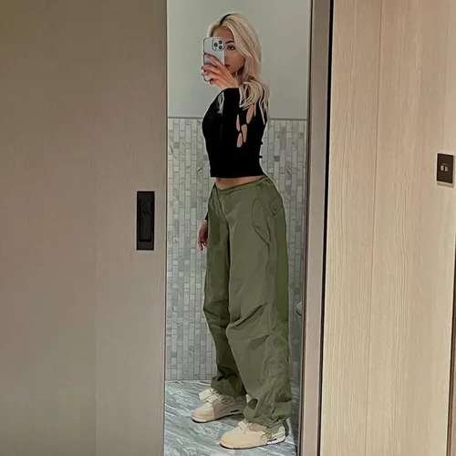 Vista 3 de Pantalones cargo holgados para mujer, de cintura baja, holgados, de pierna ancha, con cordones de cincha, pantalones deportivos hippie, ropa de calle