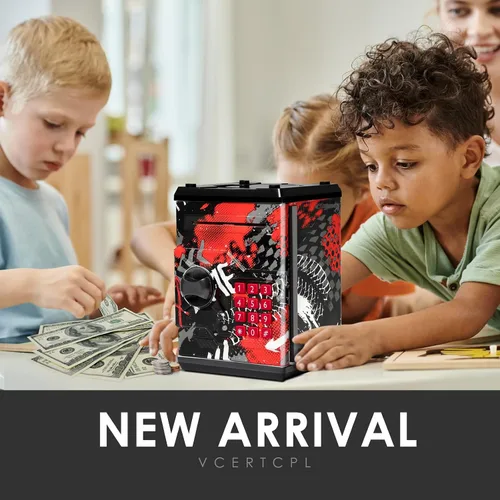 Vista 7 de Alcancía de cajero automático para niños y niñas, Vcertcpl - Mini alcancía de monedas con contraseña, caja de ahorro con agarre automático