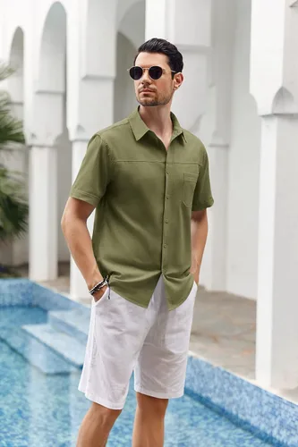 Vista 4 de Camisa de lino de manga corta para hombre, con botones, cuello extendido, para vacaciones, playa