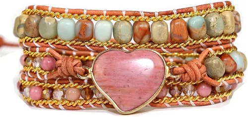 Vista 10 de Women Boho Wrap Bracelet Natural Jasper Crystal Stone Bead Strand Bracelets Marrón